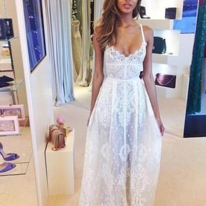 Spaghetti Strap Long Chiffon Prom Dress White..