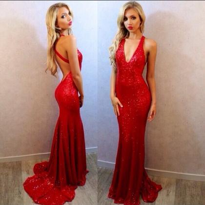 Sexy Red Long V-neck Prom Dress With Cross Back..