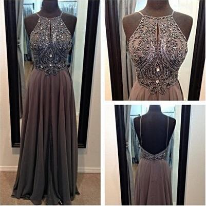 Halter Backless Long Chiffon Prom Dress Women Beading Party Dresses On