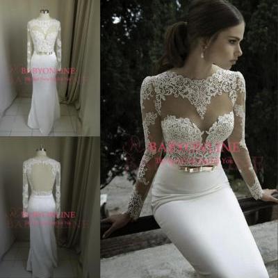 Scolloped Neckline Long Sleeves Column Wedding Dress Fashion 2015 Gorgeous Lace Detailed Top Backless Long Mermaid White Evening Gowns Sheath Prom Dress