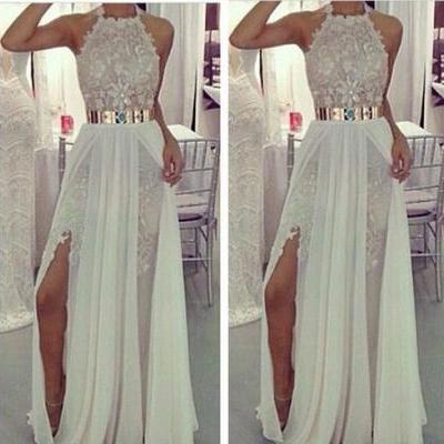 Beach Lace Chiffon Wedding Dress 2015 with Gold Belt Halter Short White Bridal Dress Vestidos De Novia