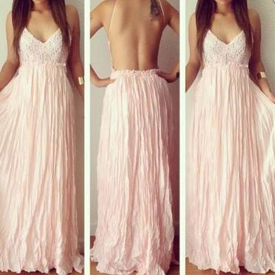 Simple A-Line Chiffon Lace Backless Long Prom Dress, Formal Dress