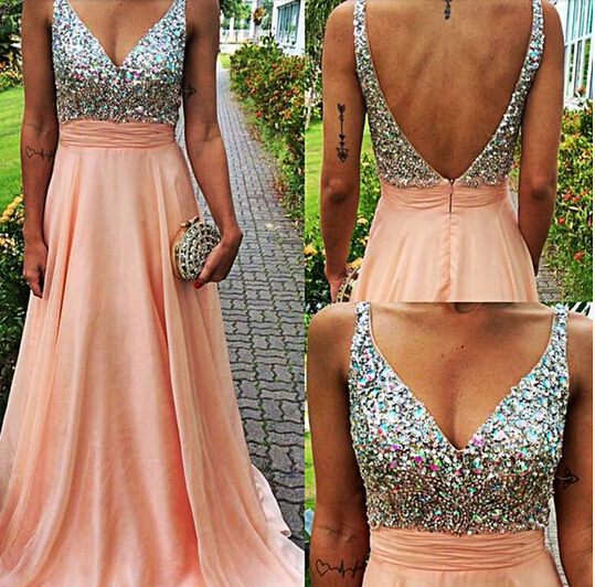 A-line Blush Pink V-neck Spaghetti Strap Long Chiffon Skirt Formal Dresses Crystal Beaded Prom Dresses 2015
