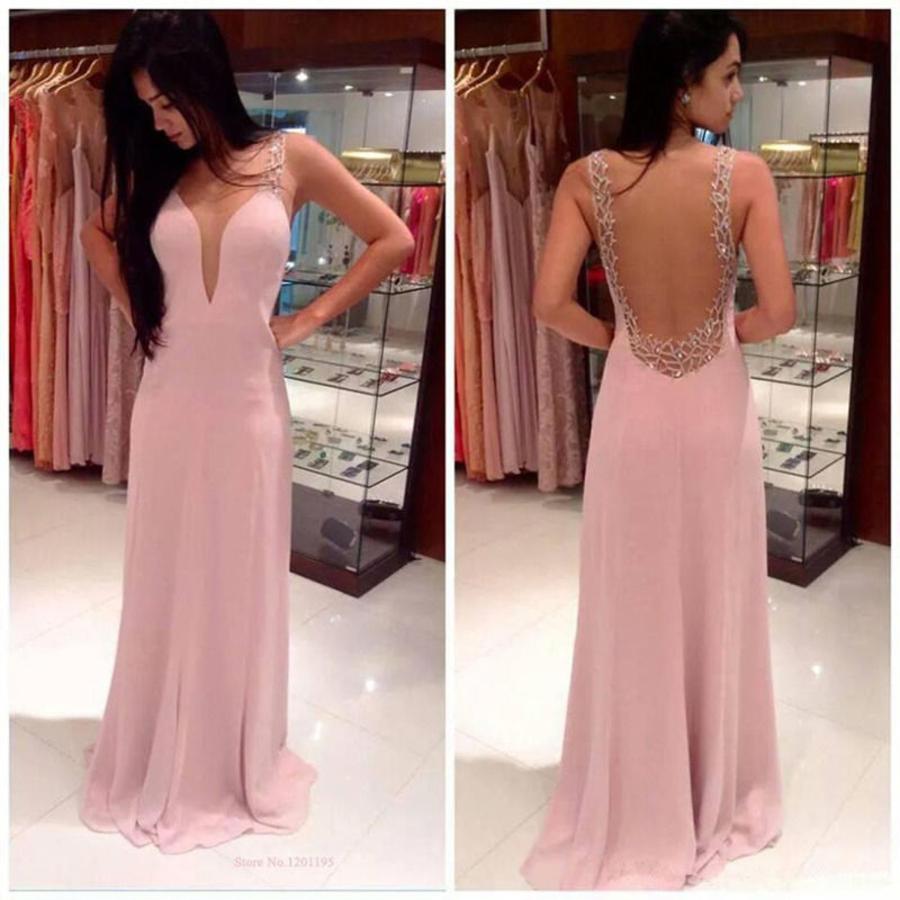 Pink Long Chiffon Prom Dress Open Back Evening Dress Party Dress on Luulla