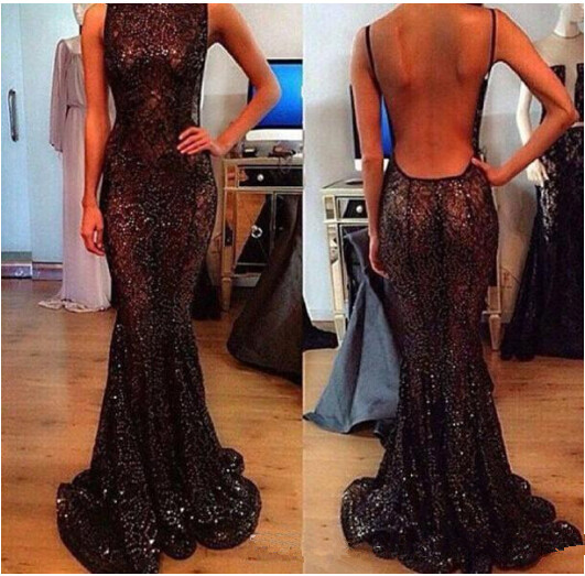 Shiny Sequins See-through Open Back Mermaid Evening Gowns Dresses Maxi ...