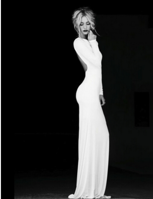Evening Gowns White Long Sleeves Backless Crew Neck Chiffon Sweep Train ...