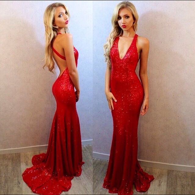 Sexy Red Long V Neck Prom Dress With Cross Back Sequins