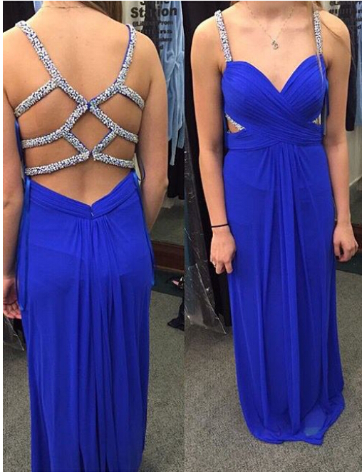 Straps Beading Long Chiffon Prom Dress,women Evening Dress,royal Blue
