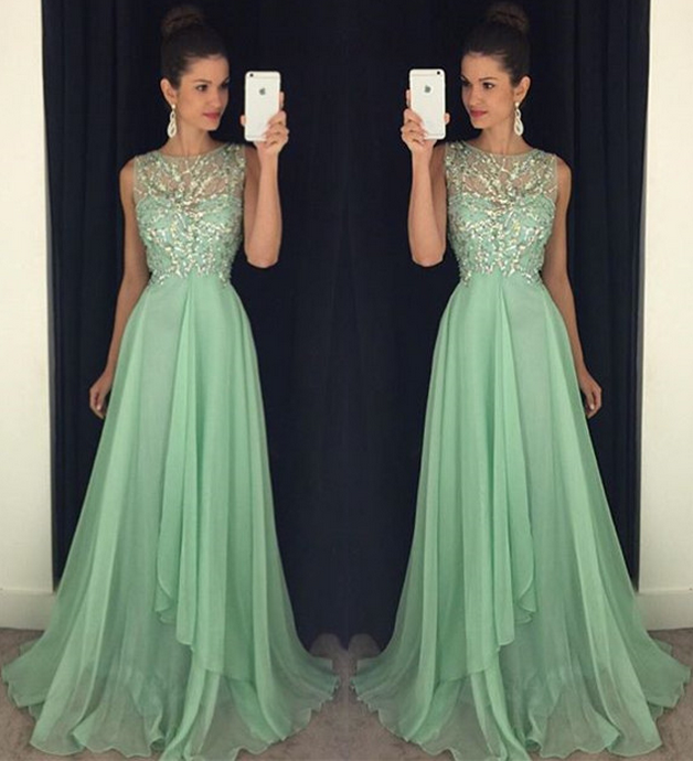 Mint Green Long Chiffon Beading Prom Dress With Open Back on Luulla