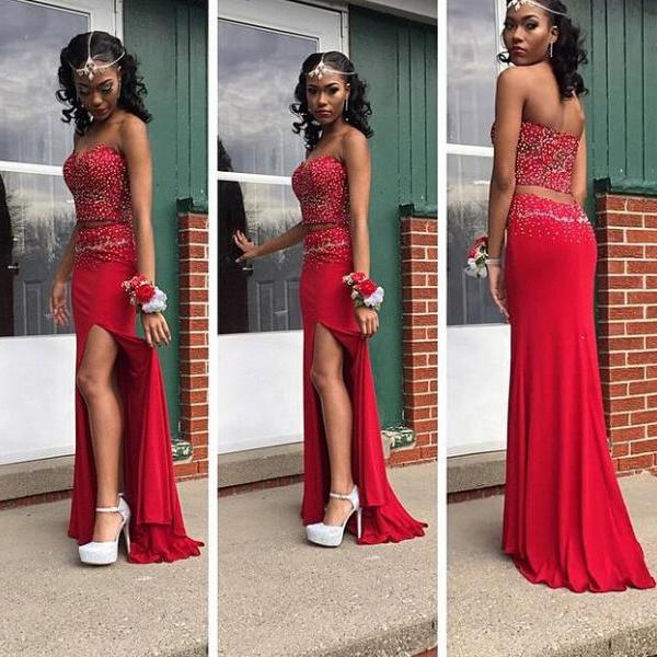 Two Pieces Simple Red and Black Affordable Party Evening Prom Dresses, PD0043