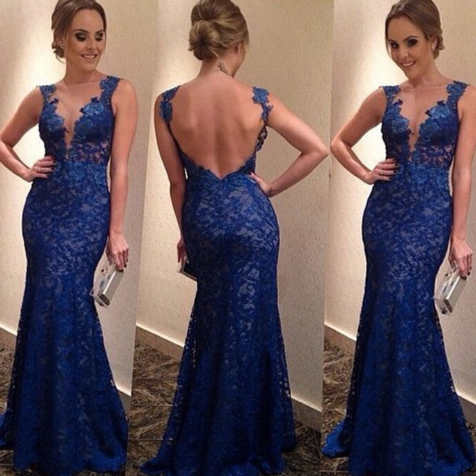 Sexy Mermaid V Neck Sleeveless Open Back Ankle-Length prom dress for women