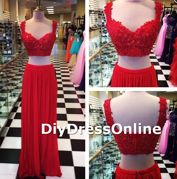 Aline Red Lace Appliqued Bodice Chiffon Skirt Two Pieces Prom Dresses Long Graduation Dresses