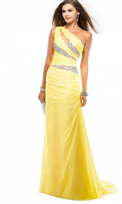 One Shoulder Beaded Side Draped Chiffon Prom Dress With Sweep Train on ...