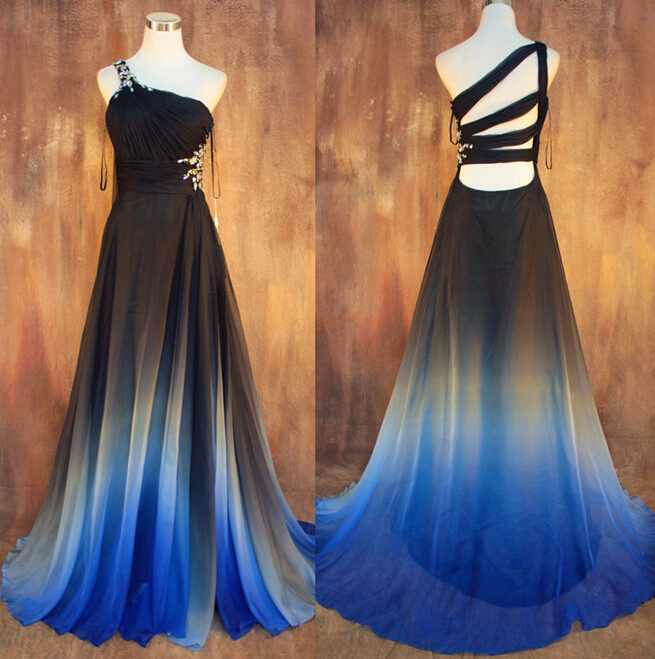 Gradient Ombre Chiffon Prom Dresses 2015 Sexy Backless Beading Evening